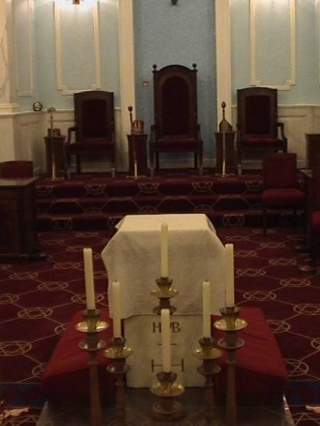 Candles, thrones and altar in Royal Arch (4th degree and up) Lodge room at Bristol Freemasons Hall, Park Street